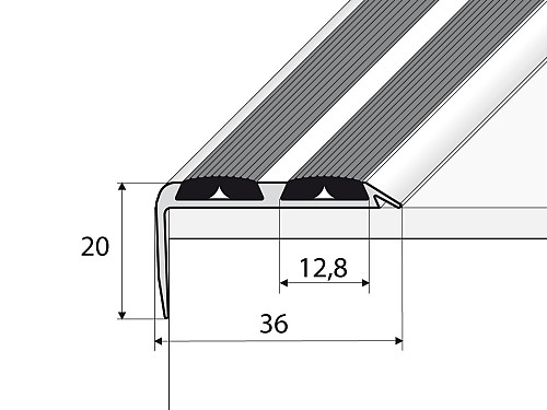 Schodový profil 36 x 20 mm s protišmykovými gumami (skrutkovací)